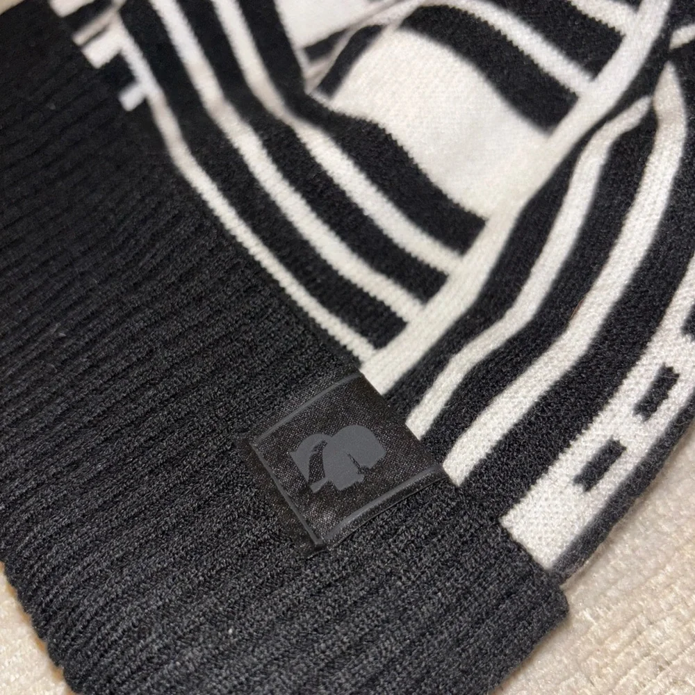 Karl Lagerfeld Beanie Pom Pom Toboggan Hat Black White Satin Lined Quiet Luxury